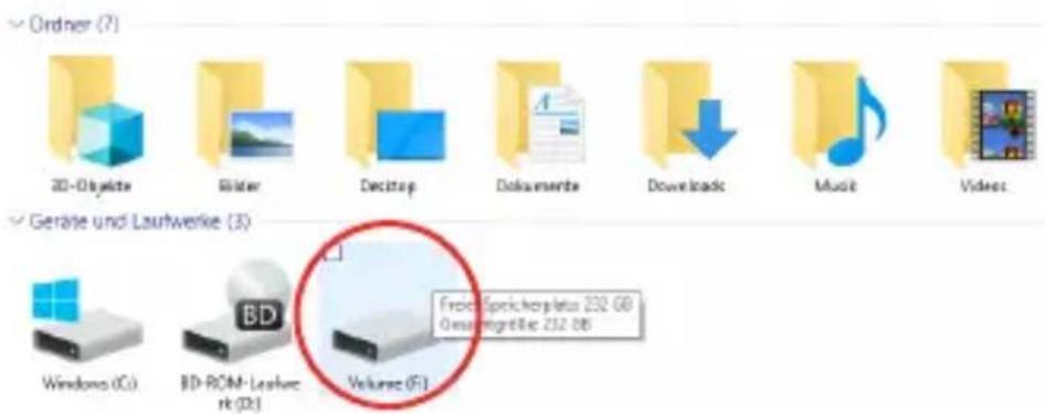 Orderer (7) 2D-Objecte Gelater Desktop Dokumente Downloaded Music Video Geräte und Laufwerke (3) Windows (C:) BD-ROM-Laufwerk (0.1) Volume (F:) From Speichorplatz 232 GB Gesamtigrisie 232 GB