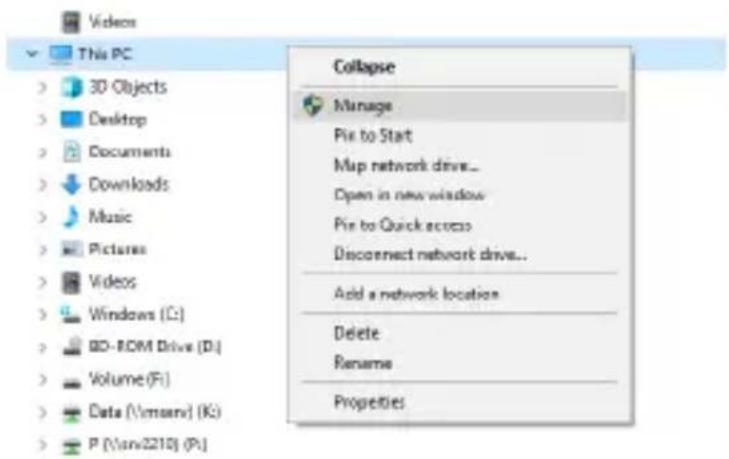 Videos This PC 3D Objects Desktop Documents Downloads Music Pictures Videos Windows (C:) BD-ROM Drive (D:) Volume (F:) Data (\\mserv) (K:) P (\\msv2210) (P:) Collapse Manage Pie to Start Map network drive... Open in new windows Pie to Quick access Disconnect network drive... Add a network location Delete Rename Properties