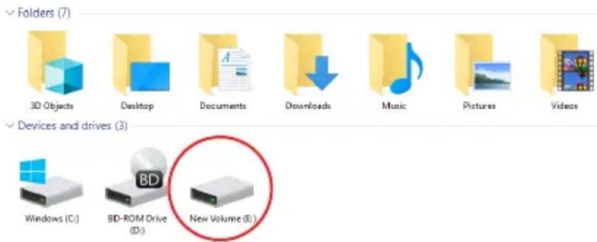 Folders (7) 3D Objects Desktop Documents Downloads Music Pictures Videos Devices and drives (3) Windows (C:) BD-ROM Drive (D:) New Volume (E:)