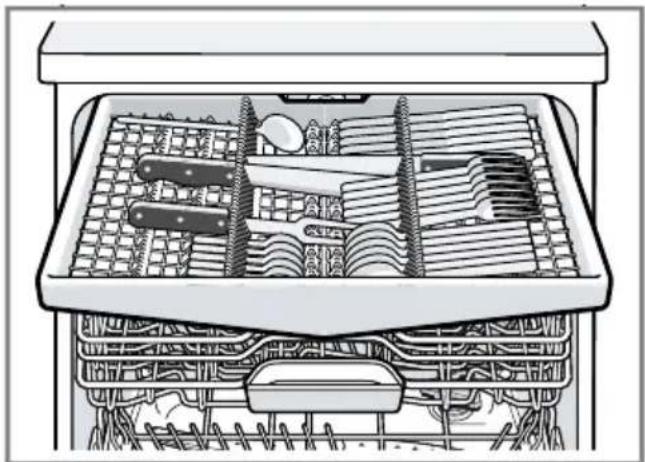 Interior view of a kitchen appliance drawer with cutlery and utensils (no text or symbols visible).