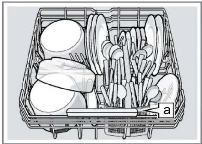 Interior view of a multi-tiered kitchen appliance with cutlery and utensils (no text or symbols visible).