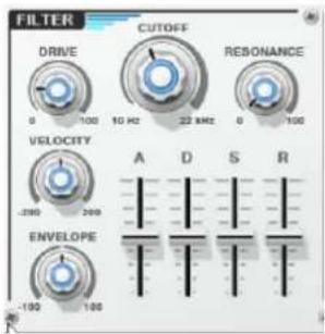 FILTER DRIVE CUTOFF RESONANCE 0 100 10 kHz 22 kHz 0 100 VELOCITY -290 200 A D S R ENVELOPE -190 190