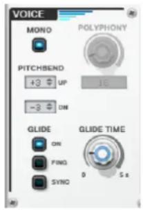 VOICE MOND POLYPHONY PITCHSEND +3 UP 16 -3 ON GLIDE ONI FING SYNC GLIDE TIME 0 5 s
