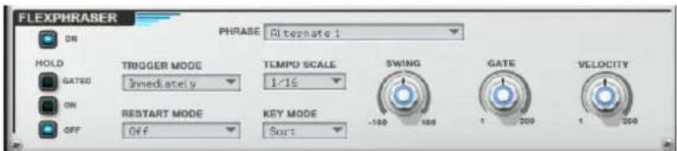 FLEXPHRASER PHRASE Alternate 1 OR HOLD GATED ON OFF TRIGGER MODE Immediately RESTART MODE OFF TLMPO SCALE 1/16 KEY MODE Sort SWING -100 100 GATE 1 200 VELOCITY 1 200