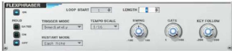 FLEXPHRASER LOOP START 1 LENGTH 5 HOLD TRIGGER MODE TEMPO SCALE SWING GATE KEY FOLLOW GATED Direct at et y 1/16 -100 100 1 100 -200 200 ON RESTART MODE OFF Each Note