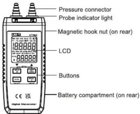 Pressure connector Probe indicator light Magnetic hook nut (on rear) LCD Buttons Battery compartment (on rear)