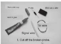 Magnetic tip Refining gun Probe Shinato's edge Tin wire Signal wire 1. Cut off the broken probe.