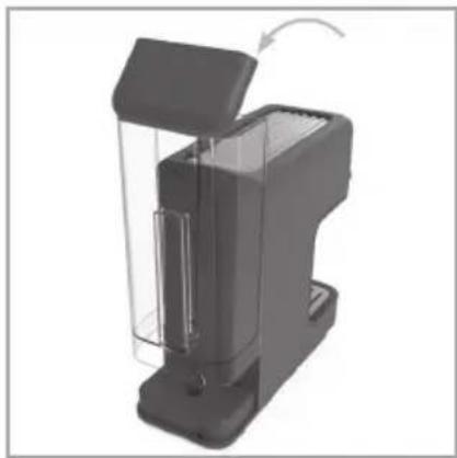 3D rendering of a black rectangular device with a lid and internal structure, showing a curved arrow indicating rotation (no text or symbols)