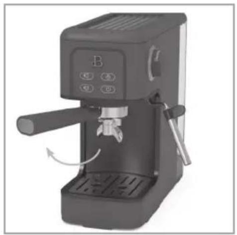 Exterior view of a modern espresso machine with control panel and lever mechanism (no text or symbols visible)