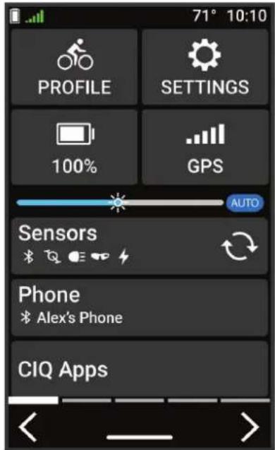 71° 10:10 PROFILE SETTINGS 100% GPS Sensors AUTO Phone Alex's Phone CIQ Apps