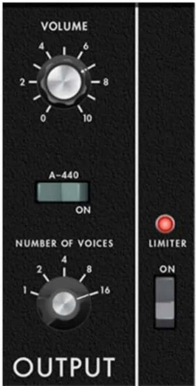 VOLUME 4 6 2 -8 0 10 A-440 ON NUMBER OF VOICES 2 4 8 1 16 LIMITER ON OUTPUT