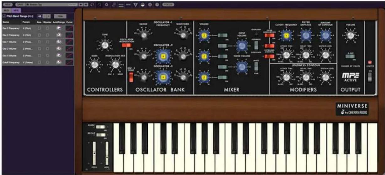 MIDI Pitch Send Range (V) Name Param Abs. Bipolar AntiRange Curve One 2 Frequency X (Press) One 3 Frequency X (Press) One 1 Volume Z (Press... One 2 Volume Z (Press... One 3 Volume Z (Press... Cutoff Frequency Y (Sense) CONTROLLERS OSCILLATOR BANK MIXER MODIFIERS CUTOFF FREQUENCY FILTER IMPHADS AIRGINS OF CONTOUR VOLUME 100 OUTPUT VOLUMES OUTRANGE FILTER IMPHADS VOLUME 100 LOWER LOWER LOWER LOWER LOWER LOWER LOWER LOWER LOWER LOWER LOWER LOWER LOWER LOWER LOWER LOWER LOWER LOWER LOWER LOWER LOWER LOWER LOWER LOWER LOWER LOWER LOWER LOWER LOWER LOWER LOWER LOWER LOWER LOWER LOWER LOWER LOWER LOWER LOWER LOWER LOWER LOWER LOWER LOWER LOWER LOWER LOWER LOWER LOWER LOWER MODISSIONS CONTOUR MODISSIONS CONTOUR MODISSIONS CONTOUR MODISSIONS CONTOUR MODISSIONS CONTOUR MODISSIONS CONTOUR MODISSIONS CONTOUR MODISSIONS CONTOUR MODISSIONS CONTOUR MODISSIONS CONTOUR MODISSIONS CONTOUR MODISSIONS CONTOUR MODISSIONS CONTOUR MODISSIONS CONTOUR MODISSIONS CONTOUR MPE ACTIVE OUTPUT MINIVERSE w/CHERRY AUDIO