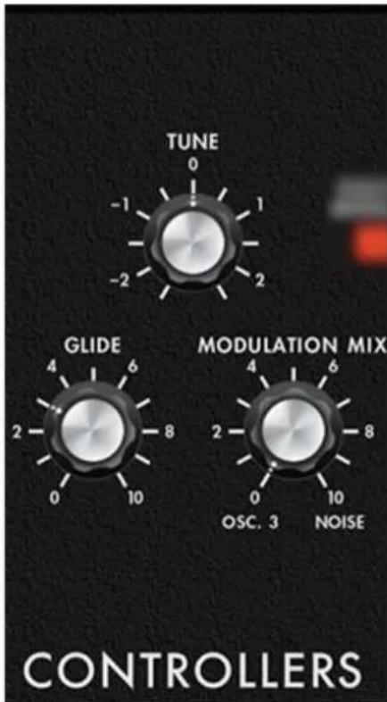 TUNE 0 -1 1 -2 2 GLIDE 4 6 2 8 0 10 MODULATION MIX 4 6 2 8 OSC. 3 NOISE CONTROLLERS