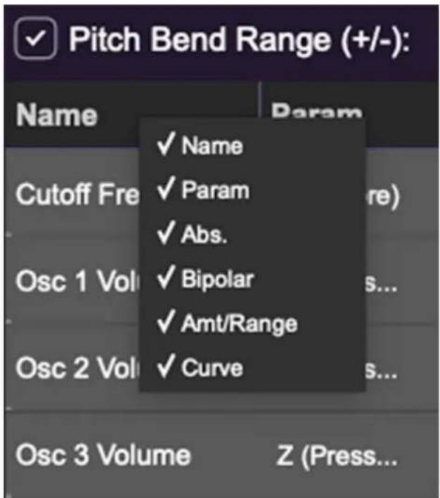 Pitch Bend Range (+/-): Name Cutoff Fre Osc 1 Vol Osc 2 Vol Osc 3 Volume Param ✓ Name ✓ Param ✓ Abs. ✓ Bipolar ✓ Amt/Range ✓ Curve Z (Press...)