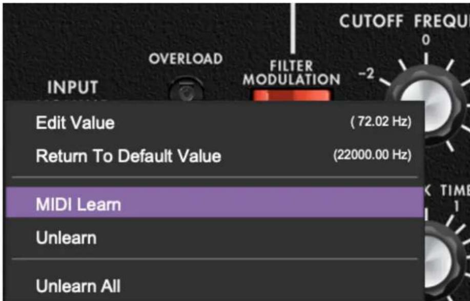 CUTOFF FREQU 0 INPUT OVERLOAD FILTER MODULATION -2 Edit Value (72.02 Hz) Return To Default Value (22000.00 Hz) MIDI Learn Unlearn Unlearn All