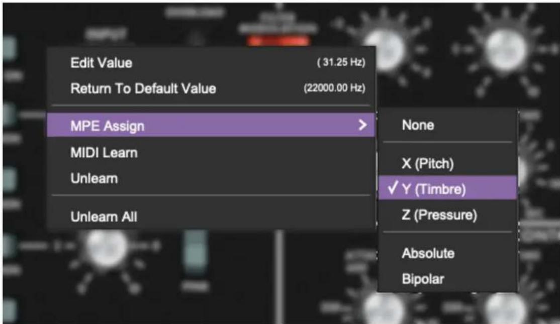 Edit Value (31.25 Hz) Return To Default Value (22000.00 Hz) MPE Assign > MIDI Learn Unlearn Unlearn All None X (Pitch) ✓ Y (Timbre) Z (Pressure) Absolute Bipolar