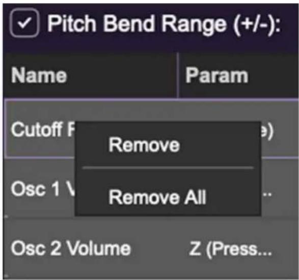 Pitch Bend Range (+/-): Name Param Cutoff F Remove Osc 1 V Remove All Osc 2 Volume Z (Press...)