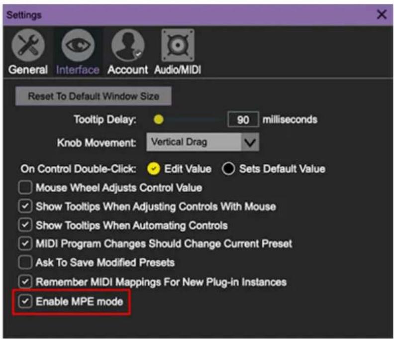 Settings General Interface Account Audio/MIDI Reset To Default Window Size Tooltip Delay: 90 milliseconds Knob Movement: Vertical Drag On Control Double-Click: Edit Value Sets Default Value Mouse Wheel Adjusts Control Value Show Tooltips When Adjusting Controls With Mouse Show Tooltips When Automating Controls MIDI Program Changes Should Change Current Preset Ask To Save Modified Presets Remember MIDI Mappings For New Plug-in Instances Enable MPE mode