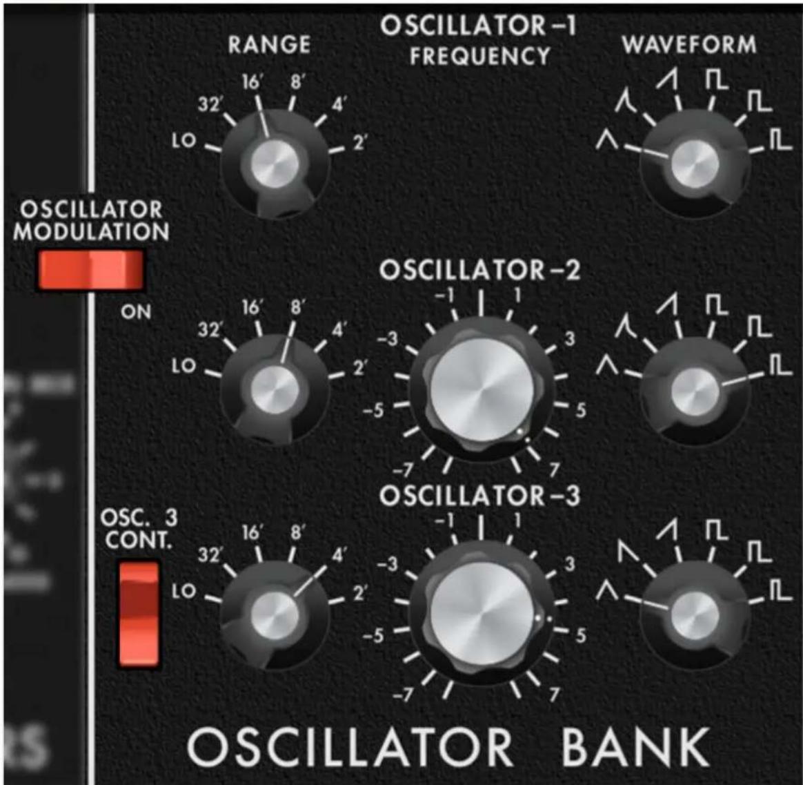 RANGE OSCILLATOR -1 FREQUENCY WAVEFORM ON OSCILLATOR MODULATION OSCILLATOR -2 OSCILLATOR -3 OSC. 3 CONT. OSCILLATOR BANK