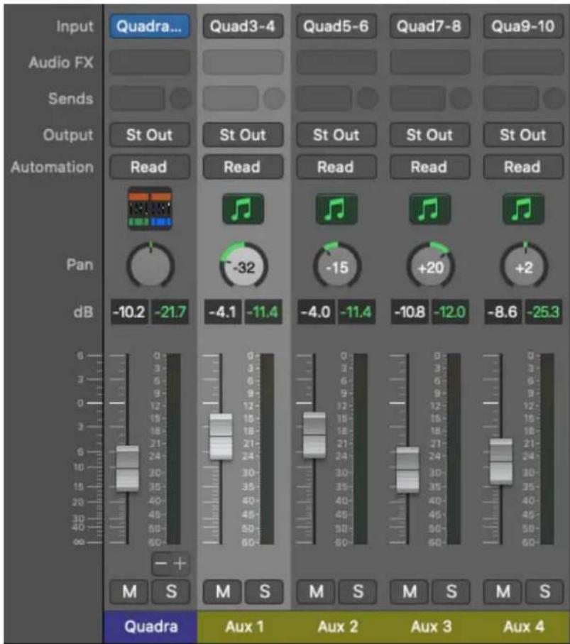 Input Quadra... Audio FX Sends Output Automation St Out Read Pan dB -10.2 -21.7 -4.1 -11.4 -4.0 -11.4 -10.8 -12.0 -8.6 -25.3 M S Quadra Aux 1 M S M S Aux 2 Aux 3 M S Aux 4