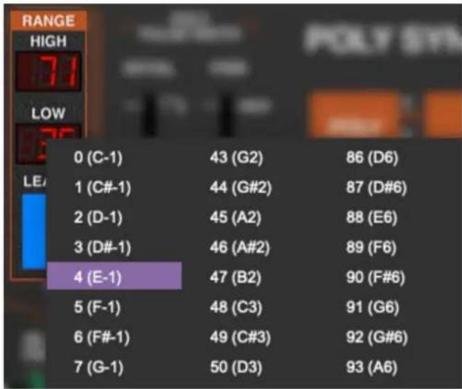 RANGE HIGH 71 LOW 0 (C-1) 43 (G2) 86 (D6) 1 (C#-1) 44 (G#2) 87 (D#6) 2 (D-1) 45 (A2) 88 (E6) 3 (D#-1) 46 (A#2) 89 (F6) 4 (E-1) 47 (B2) 90 (F#6) 5 (F-1) 48 (C3) 91 (G6) 6 (F#-1) 49 (C#3) 92 (G#6) 7 (G-1) 50 (D3) 93 (A6)