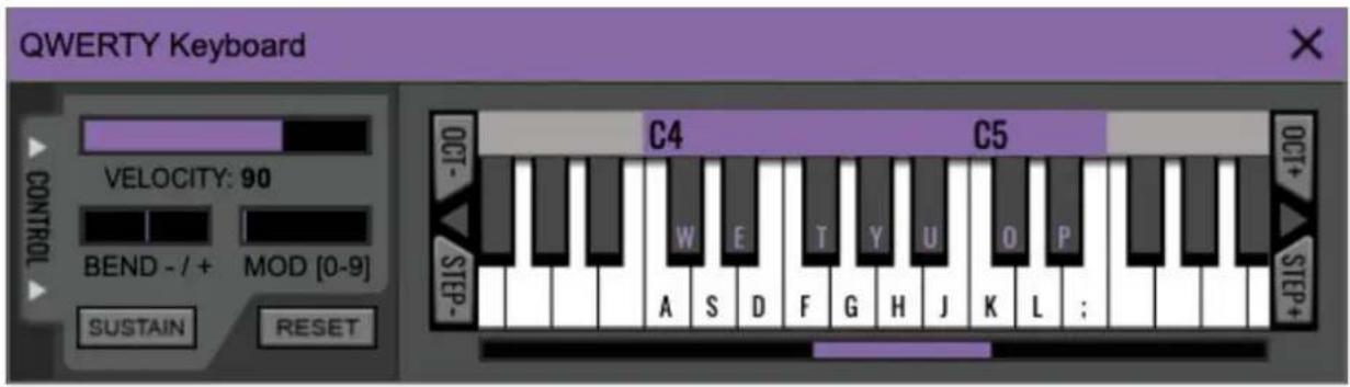 QWERTY Keyboard CONTROL VELOCITY: 90 BEND - / + MOD [0-9] SUSTAIN RESET C4 C5 OCT- STEP- A S D F G H J K L ; W E T Y U O P OCT+ STEP+