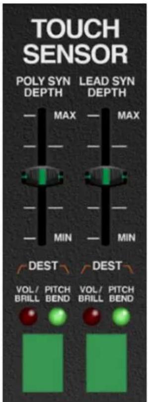 TOUCH SENSOR POLY SYN DEPTH LEAD SYN DEPTH MAX MAX MIN MIN DEST DEST VOL/ BRILL PITCH BEND VOL/ BRILL PITCH BEND