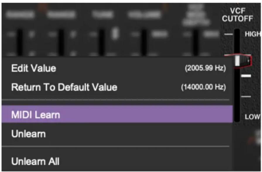 Edit Value (2005.99 Hz) Return To Default Value (14000.00 Hz) MIDI Learn Unlearn Unlearn All VCF CUTOFF — HIGH — LOW