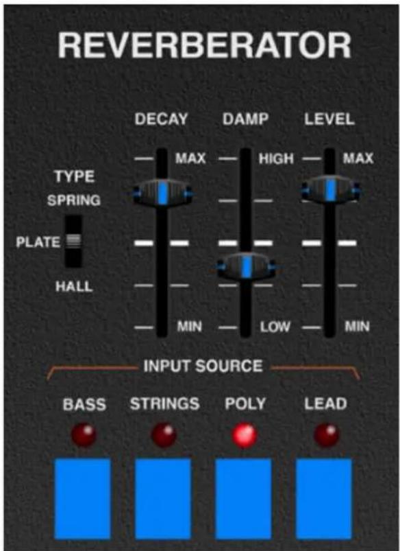 REVERBERATOR DECAY DAMP LEVEL TYPE SPRING MAX HIGH MAX PLATE HALL MIN LOW MIN INPUT SOURCE BASS STRINGS POLY LEAD