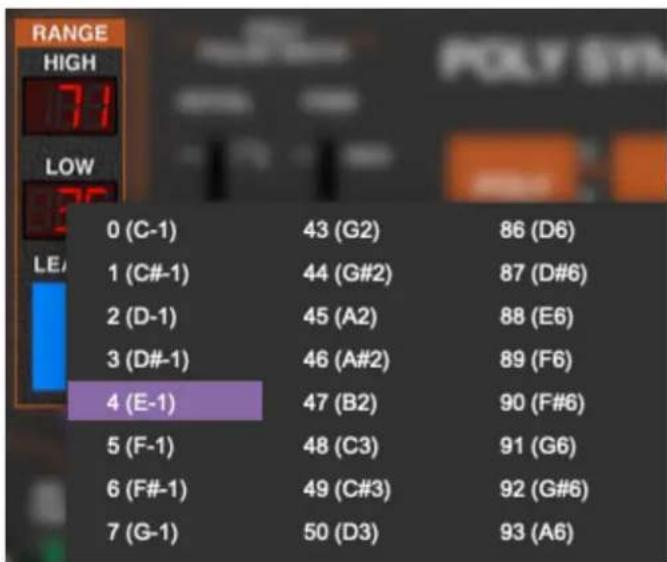 RANGE HIGH 71 LOW 0 (C-1) 43 (G2) 86 (D6) 1 (C#-1) 44 (G#2) 87 (D#6) 2 (D-1) 45 (A2) 88 (E6) 3 (D#-1) 46 (A#2) 89 (F6) 4 (E-1) 47 (B2) 90 (F#6) 5 (F-1) 48 (C3) 91 (G6) 6 (F#-1) 49 (C#3) 92 (G#6) 7 (G-1) 50 (D3) 93 (A6)