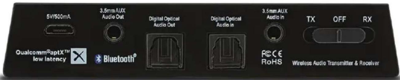 5V/500mA 3.5mm AUX Audio Out Digital Optical Audio Out Digital Optical Audio In 3.5mm AUX Audio In TX OFF RX Qualcomm®aptXTM low latency Bluetooth FCC E RoHS Wireless Audio Transmitter & Receiver