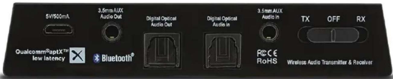 5V/500mA 3.5mm AUX Audio Out Digital Optical Audio Out Digital Optical Audio In 3.5mm AUX Audio In TX OFF RX Qualcomm®aptXTM low latency Bluetooth FCC E RoHS Wireless Audio Transmitter & Receiver