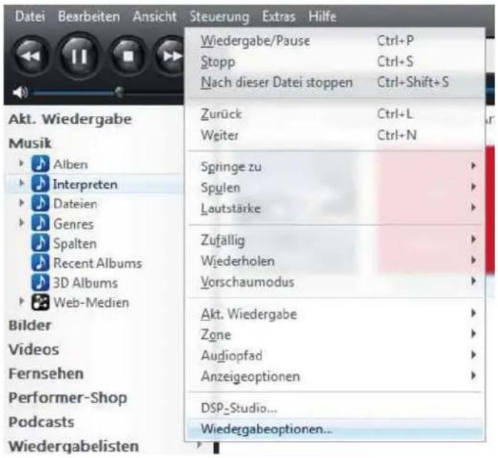 Datei Bearbeiten Ansicht Steuerung Extras Hilfe Wiedergabe/Pause Ctrl+P Stopp Ctrl+S Nach dieser Datei stoppen Ctrl+Shift+S Zurück Ctrl+L Wgiter Ctrl+N Springe zu Spylen Lauststärke Zufällig Wiederholen Vorschaumodus Akt. Wiedergabe Zone Audiopfad Anzeigeoptionen DSP_Studio... Wiedergabeoptionen...