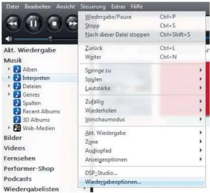 Datei Bearbeiten Ansicht Steuerung Extras Hilfe Wiedergabe/Pause Ctrl+P Stopp Ctrl+S Nach dieser Datei stoppen Ctrl+Shift+S Zurück Ctrl+L Weiter Ctrl+N Springe zu Spylen Lautstärke Zufällig Wiederholen Vorschaumodus Akt. Wiedergabe Zone Audiopfad Anzeigeoptionen DSP_Studio... Wiedergabeoptionen...