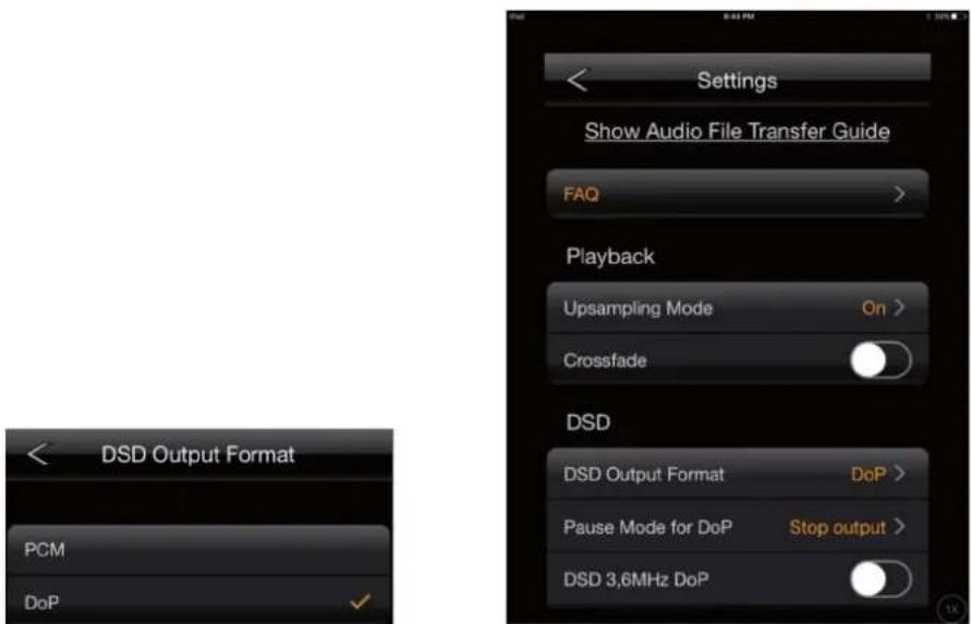 Settings Show Audio File Transfer Guide FAQ Playback Upsampling Mode On > Crossfade DSD DSD Output Format DoP > Pause Mode for DoP Stop output > DSD 3,6MHz DoP