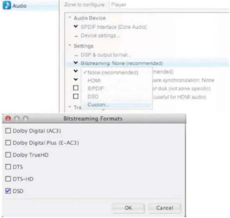 Audio Zone to configure: Player Audio Device ✓ SPDIF Interface [Core Audio] - Device settings... Settings - DSP & output format... ✓ Bitstreaming: None (recommended) ✓ None (recommended) mended ✓ HDMI rare synchronization: None □ S/PDIF of disk (not zone-specific) □ DSD (useful for HDMI audio) - Tra Custom... Bitstreaming Formats □ Dolby Digital (AC3) □ Dolby Digital Plus (E-AC3) □ Dolby TrueHD □ DTS □ DTS-HD ✓ DSD OK Cancel