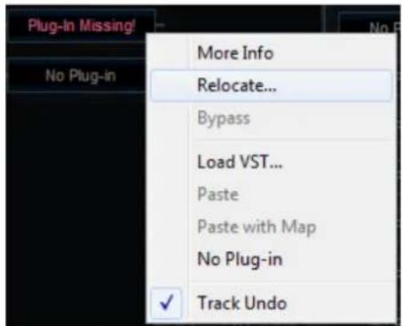 Plug-In Missing! No Plug-in More Info Relocate... Bypass Load VST... Paste Paste with Map No Plug-in ✓ Track Undo