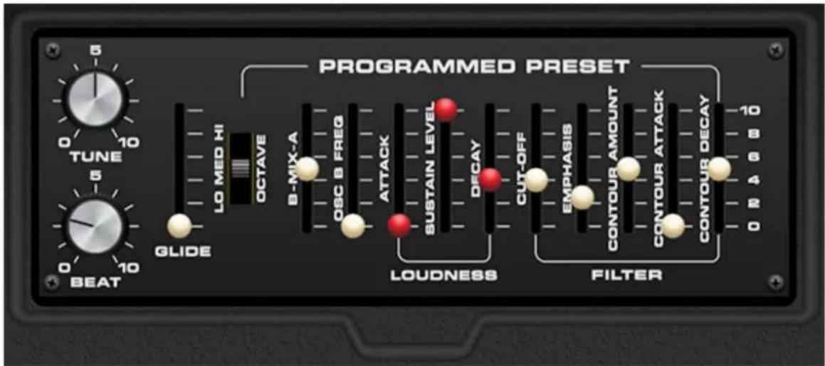 TUNE 5 0 10 OCTAVE LO MED HI GLIDE OBEAT B-MIX-A OSC & FREQ ATTACK SUSTAIN LEVEL DECAY CUT-OFF EMPHASIS CONTOUR AMOUNT CONTOUR ATTACK CONTOUR DECAY 0 4 8 10 LOUDNESS FILTER