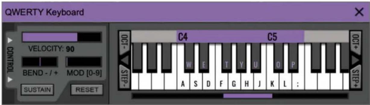 QWERTY Keyboard CONTROL VELOCITY: 90 BEND - / + MOD [0-9] SUSTAIN RESET C4 C5 OCT- STEP- A S D F G H J K L ; W E T Y U O P OCT+ STEP+