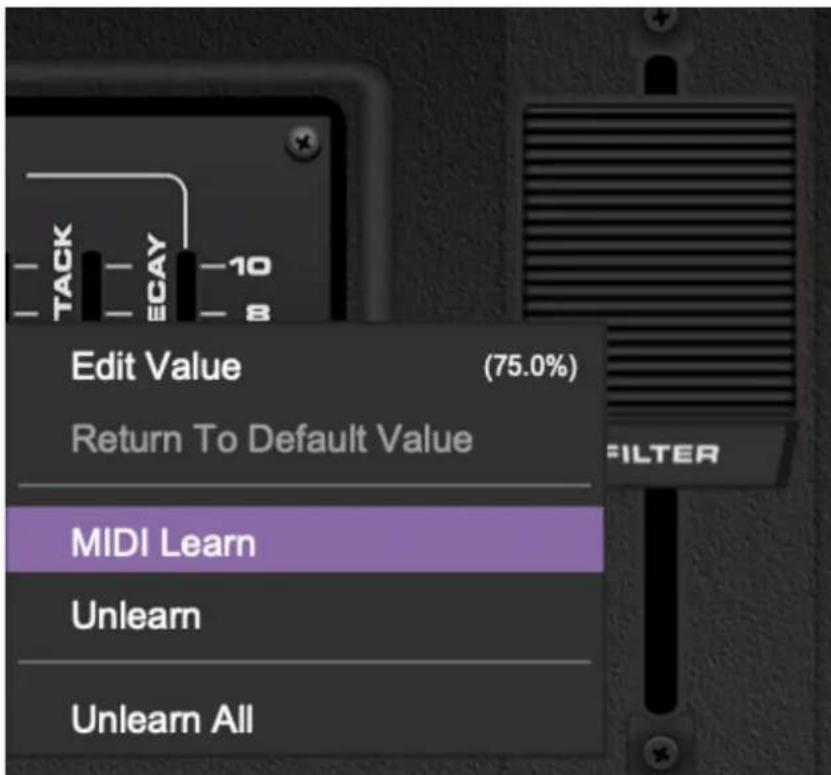 Edit Value (75.0%) Return To Default Value MIDI Learn Unlearn Unlearn All