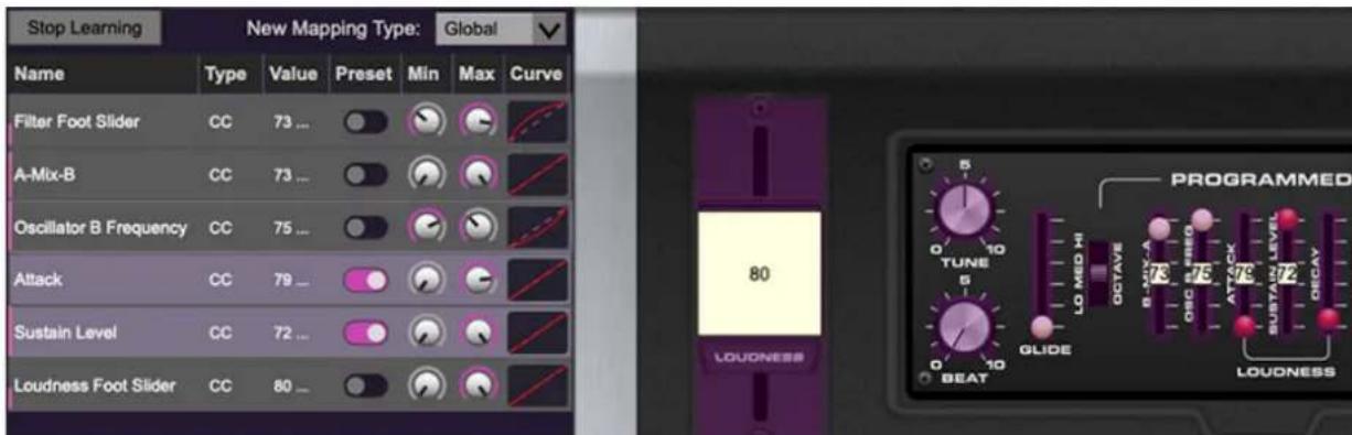 Stop Learning New Mapping Type: Global Name Type Value Preset Min Max Curve Filter Foot Slider CC 73 ... A-Mix-B CC 73 ... Oscillator B Frequency CC 75 ... Attack CC 79 ... Sustain Level CC 72 ... Loudness Foot Slider CC 80 ... 80 LOUDNESS PROGRAMMED TUNE 5 GLO MEDI HI OCTAVE B-TUN-A OSC 16 ATTACK 72 SUBSTAIN LEVEL 72 DECAY GLIDE BEAT LOUDNESS