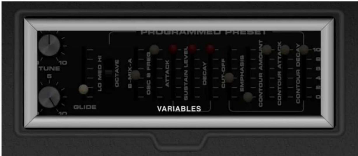 PROGRAMMED PRESET TUNE -6 LO MED HI OCTAVE E-MIX-A OSC & FREQ ATTACK SUSTAIN LEVEL DECAY CUT-OFF EMPHASIS CONTOUR AMOUNT CONTOUR ATTACK CONTOUR DECAV 10 20 30 40 50 60 70 80 90 100 TUNE GLIDE VARIABLES