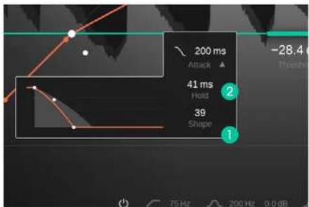 200 ms Attack ▲ 41 ms Hold 39 Shape -28.4 Threshold 75 Hz 200 Hz 0.0 dB