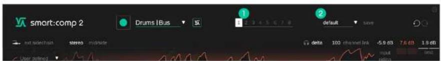 smart:comp 2 Drums |Bus default user:setchain stereo middle delta 100 channel link -5.9 dB 7.6 dB 1.8 dB User defined