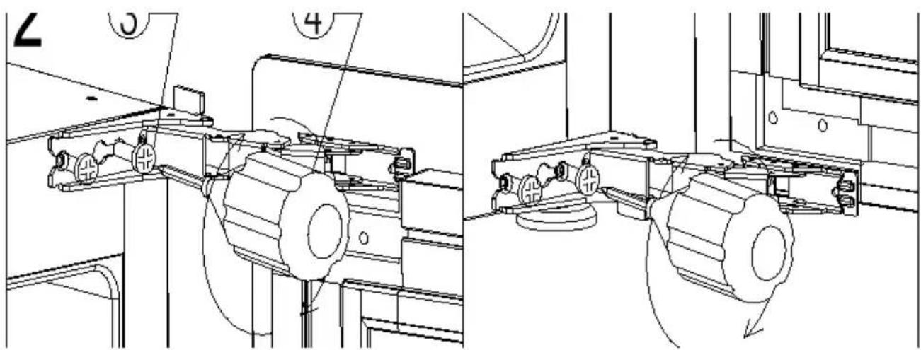 Technical diagram showing mechanical assembly with numbered components and directional arrows indicating motion or movement.