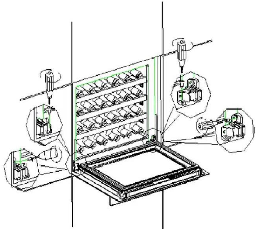Technical diagram showing assembly of mechanical components with labeled parts and green annotations indicating assembly steps.