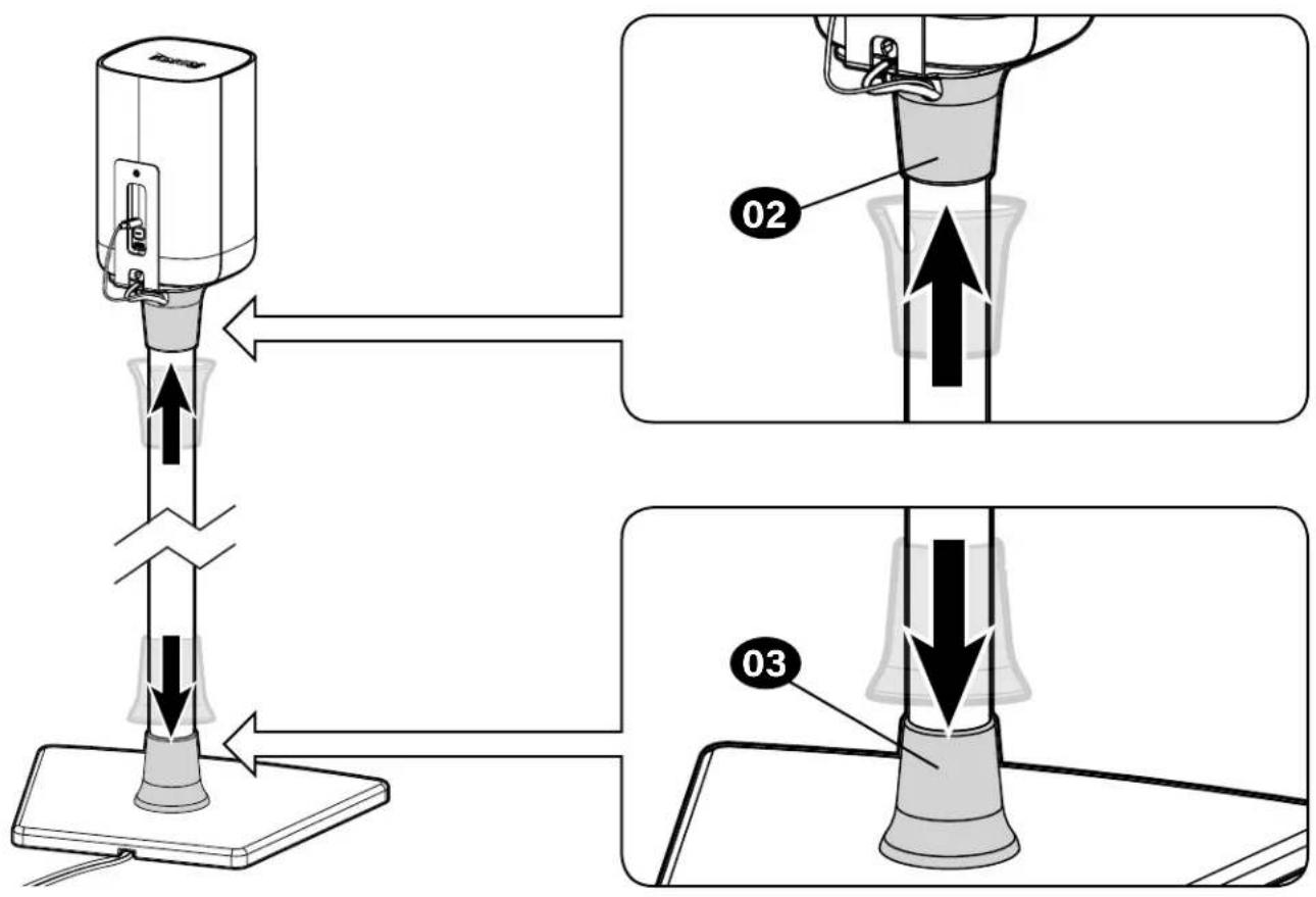 Diagram illustrating a mechanical device operation with labeled parts 02 and 03 showing directional movement and force directions.
