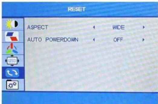 RESET ASPECT ← WIDE > AUTO POWERDOWN ← OFF >