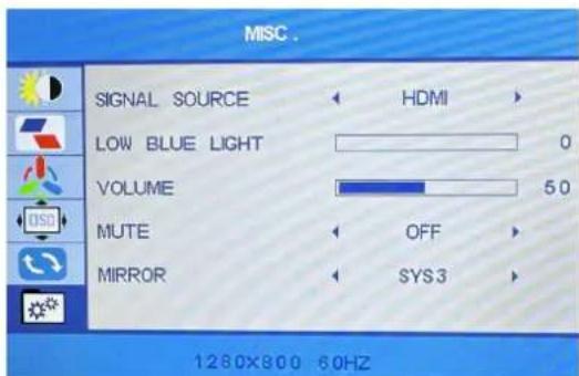 MISC SIGNAL SOURCE HDMI LOW BLUE LIGHT 0 VOLUME 50 MUTE OFF MIRROR SYS3 1260x800 60HZ