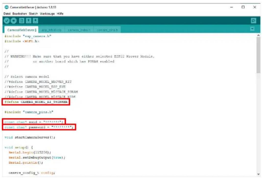 #include "esp_camera.h" #include // // WARNING!!! Make sure that you have either selected ESP32 Wrover Module, // or another board which has P3RAM enabled // // Select camera model //#define CAMERA_MODEL_WROVER_KIT //#define CAMERA_MODEL_ESP_EYE //#define CAMERA_MODEL_M5STACK_P3RAM //#define CAMERA_MODEL_M5STACK_XIDE #define CAMERA_MODEL_AI_THINKER. #include "camera_pins.h" const char* ssid = "********"; const char* password = "********"; void startCameraServer(); void setup() { Serial.begin(115200); serial.setDebugOutput(true); Serial.println(); camera_config_t config;